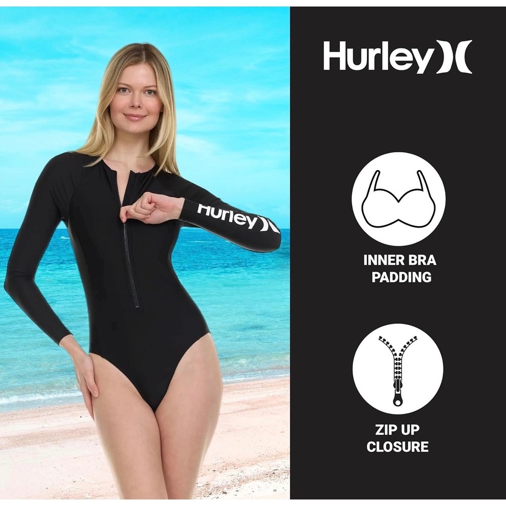 NWT Hurley Long Sleeve One Piece Swimsuit UPF 50+ Medium Black & White Zip Surf - Picture 7 of 15